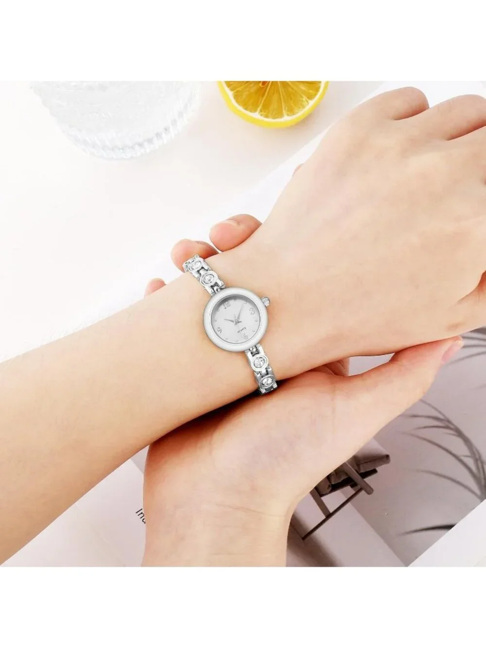 Womens All Silver Analog Quartz Relogio Feminino Waterproof Bracelet Wrist Watch
